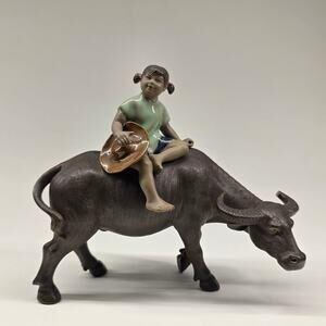 Vintage Shiwan Ceramic Girl Riding Water Buffalo Figurine Chinese Pottery
